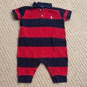 Ralph Lauren Rugby Polo Stripe Infant Romper Size 6-12 Months Red Navy
